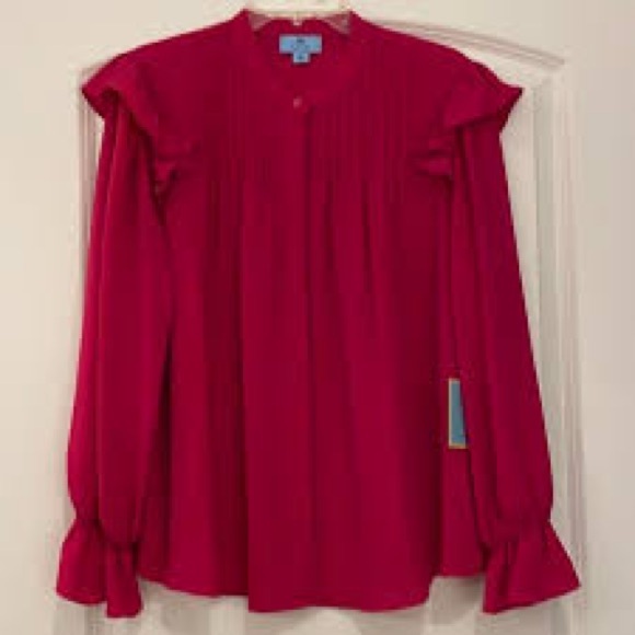 CeCe Shoulder Ruffle Hot Pink / Raspberry Top - Picture 2 of 12